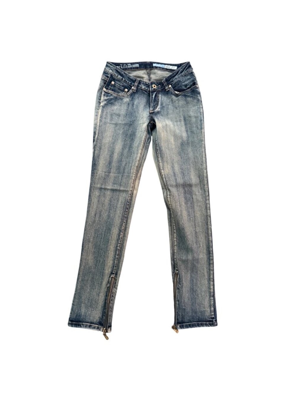 Azzure Womens Distressed Denim Jeans 28W X 32L Zipper Ankles Rhinestone Pocket